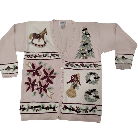 UNIQUE KNITS Sweaters - Unique Knit Women's Christmas Cardigan Sweater Rocking Horse‎ Tree Poinsettia -L